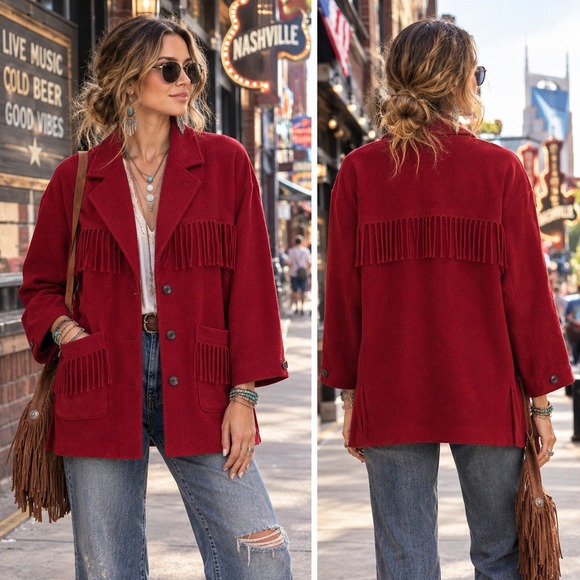A Line Anne Klein Jackets & Blazers - A Line Anne Klein Red 100% Wool Fringe Western Jacket Coat Made in USA XL